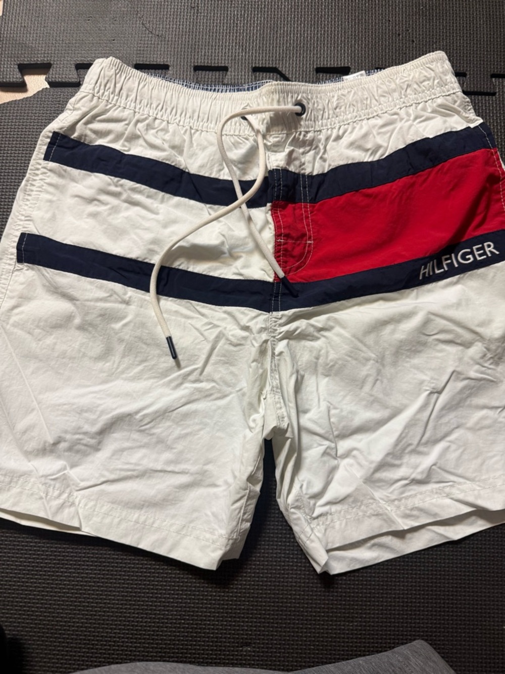 Tommy Hilfiger White & Navy Striped Swim Shorts with Red Accent